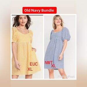 Old Navy Bundle 2 Gingham Dresses XL Blue & Yellow, Puff Sleeves, Seersucker